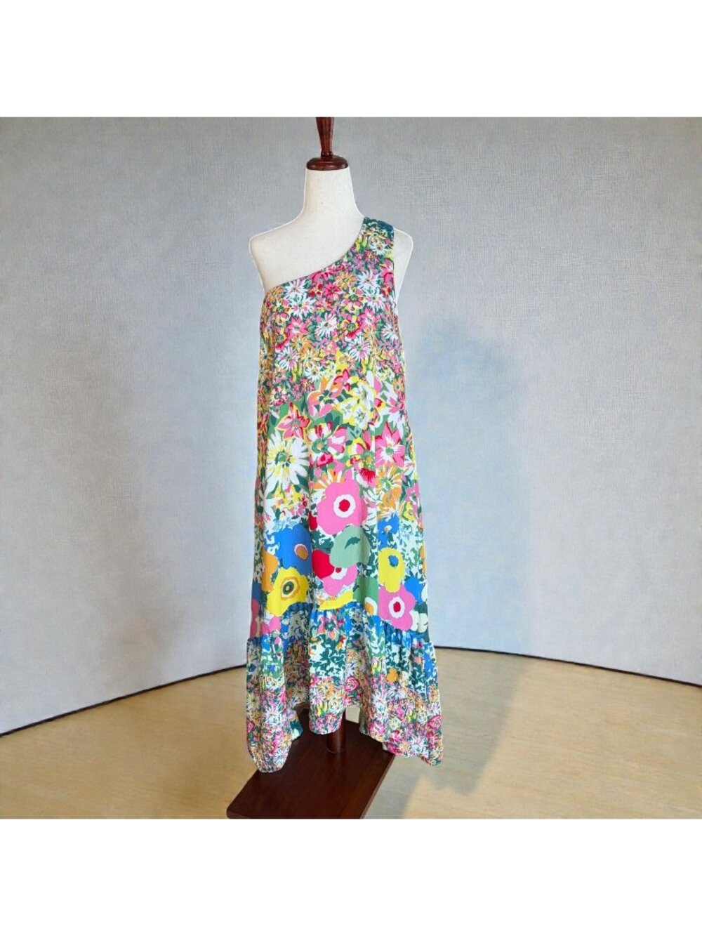 Sarah Campbell Anthropologie One Shoulder Floral Midi Dress Ruffle Hem Sz XS, S